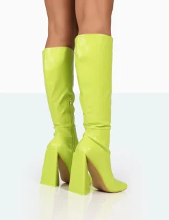 Public Desire Senna Lime Pu Knee High Block Heel Boots | Women Knee High Boots