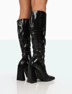 Public Desire Senna Wide Fit Patent Croc Knee High Block Heeled Boots | Women Wide Fit Long Boots