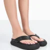Public Desire Serena Pu Thong Strap Wedge Slider Sandals | Women Black Sandals