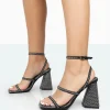 Public Desire Skye Black Faux Suede Sparkly Diamante Open Toe Block High Heels | Women Ankle Boots
