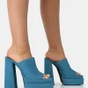 Public Desire Skyhigh Denim Chunky Platform High Heeled Mules | Women Square Toe Heels