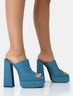 Public Desire Skyhigh Denim Chunky Platform High Heeled Mules | Women Square Toe Heels