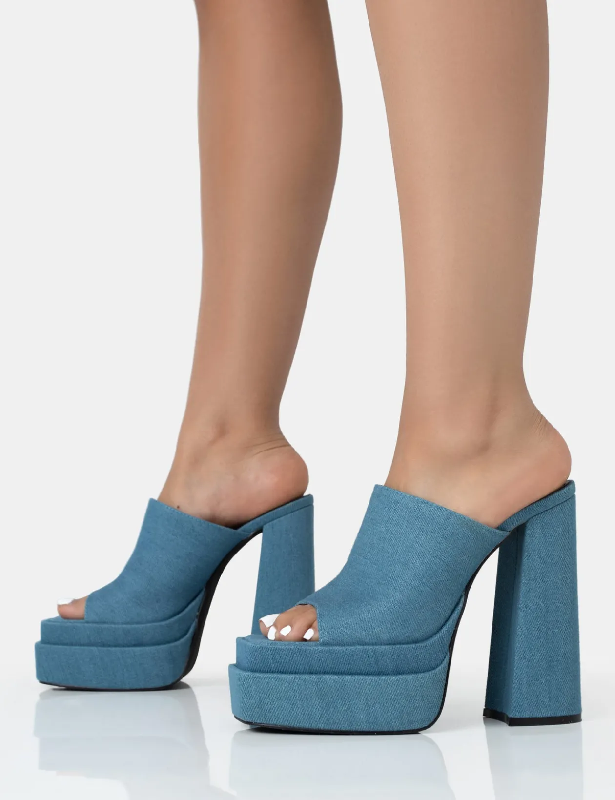 Public Desire Skyhigh Denim Chunky Platform High Heeled Mules | Women Square Toe Heels
