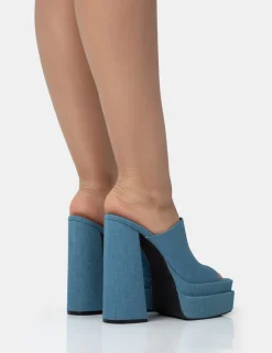 Public Desire Skyhigh Denim Chunky Platform High Heeled Mules | Women Square Toe Heels