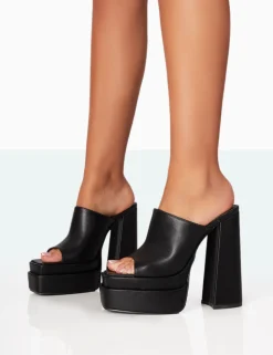 Public Desire Skyhigh Grain Pu Chunky Platform High Heeled Mules | Women Heeled Mules