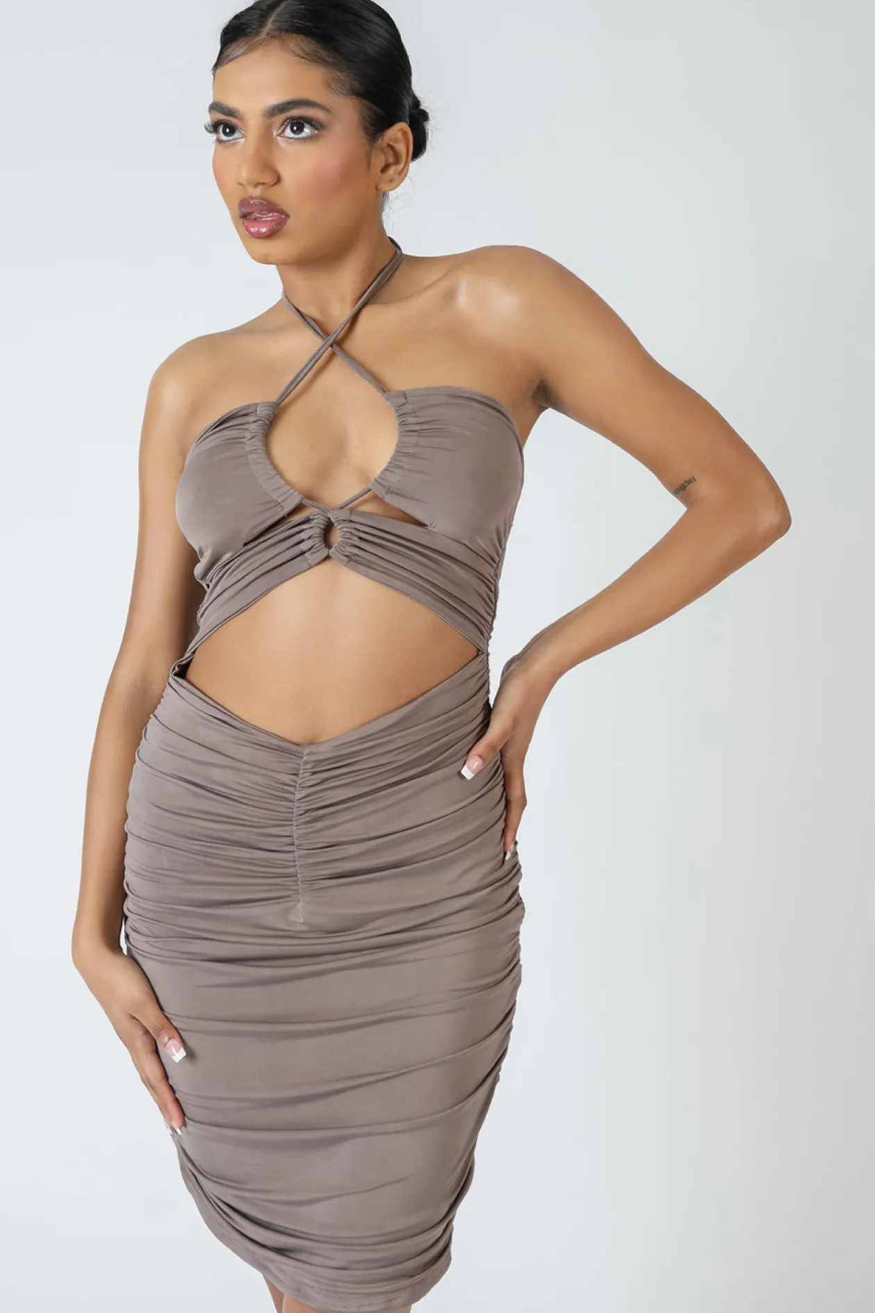 Public Desire Slinky Loop Ruching Tie Midi Dress Mink | Women Dresses