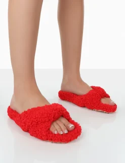 Public Desire Slumber Teddy Cross Over Strap Slippers | Women Slippers