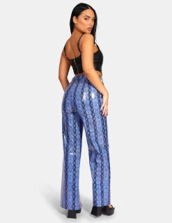Public Desire Snake Print Pu Wide Leg Trousers Blue | Women Trousers