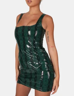 Public Desire Snake Pu Corset Mini Dress Green | Women Dresses