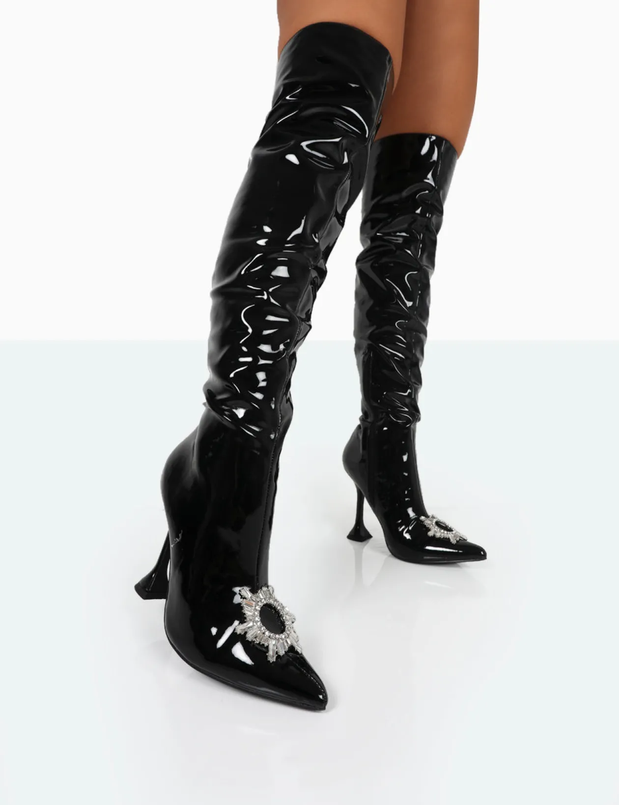 Public Desire Sonny Patent Sparkly Diamante Stud Pointed Toe Stiletto Heel Over The Knee Boots | Women Over The Knee Boots