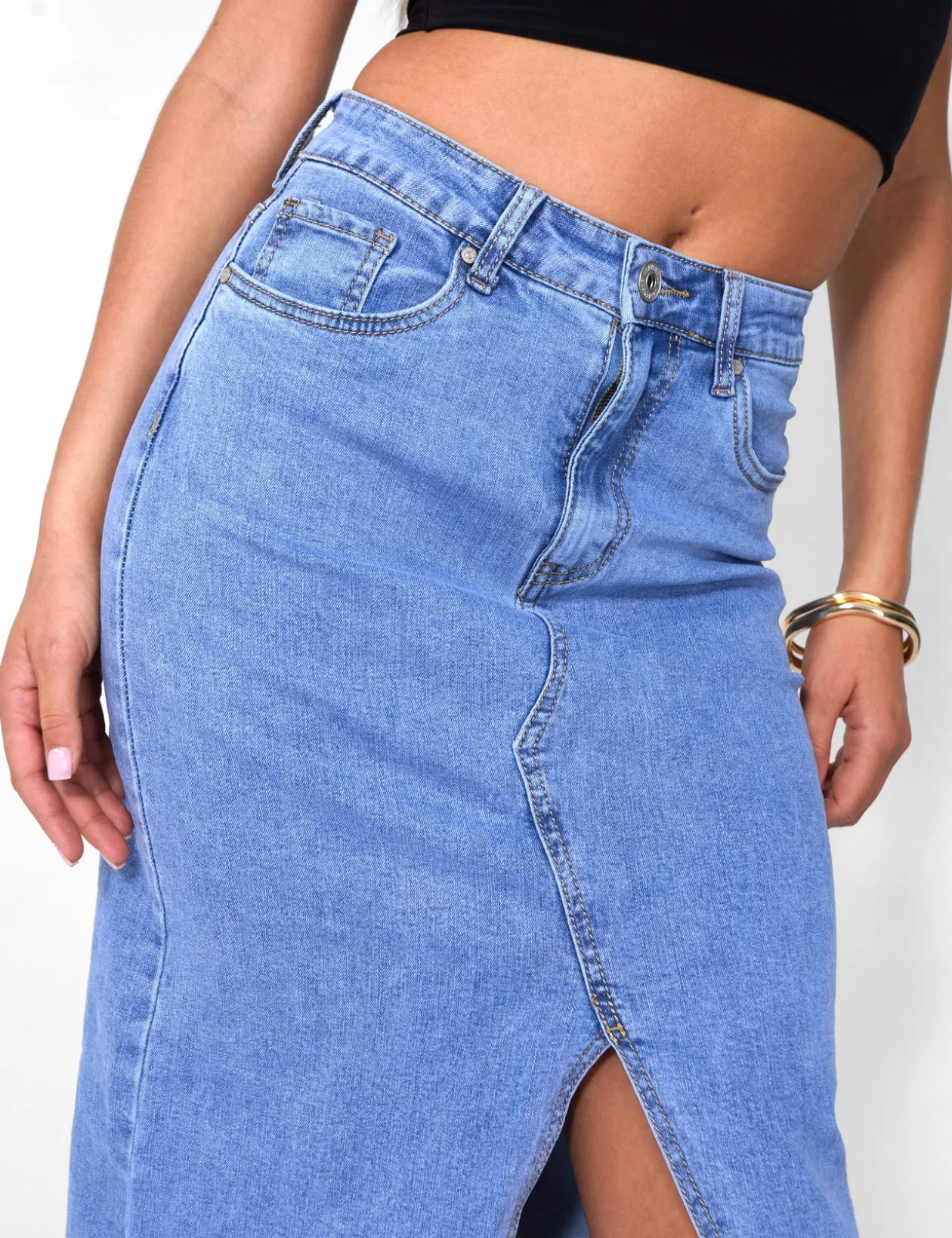 Public Desire Split Front Longline Denim Skirt Wash | Women Skirts