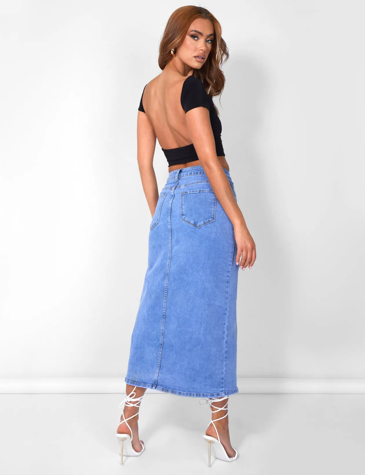 Public Desire Split Front Longline Denim Skirt Wash | Women Skirts