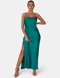 Public Desire Split Hem Cowl Neck Cross Back Maxi Dress Emerald Green | Women Dresses