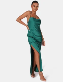 Public Desire Split Hem Cowl Neck Cross Back Maxi Dress Emerald Green | Women Dresses
