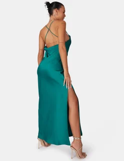 Public Desire Split Hem Cowl Neck Cross Back Maxi Dress Emerald Green | Women Dresses
