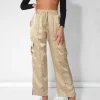 Public Desire Split Hem Satin Elasticated Waist Wide Leg Cargo Trousers | Women Trousers
