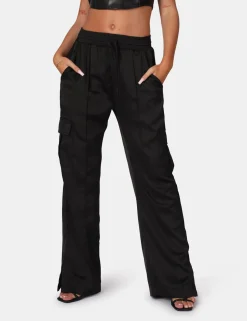 Public Desire Split Hem Satin Elasticated Waist Wide Leg Cargo Trousers | Women Trousers