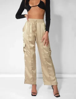 Public Desire Split Hem Satin Elasticated Waist Wide Leg Cargo Trousers | Women Trousers