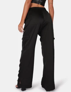 Public Desire Split Hem Satin Elasticated Waist Wide Leg Cargo Trousers | Women Trousers