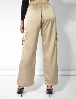 Public Desire Split Hem Satin Elasticated Waist Wide Leg Cargo Trousers | Women Trousers