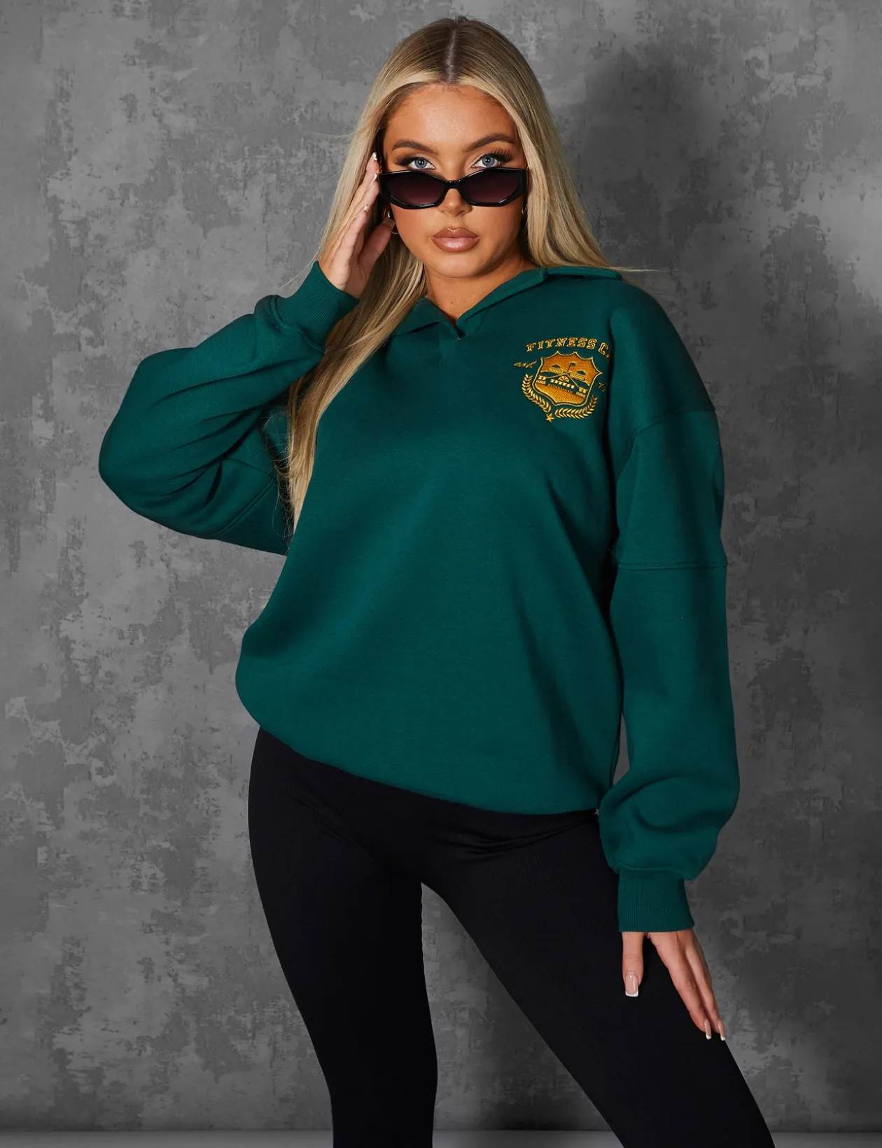 Public Desire Sports Club Embroidered Badge Oversized Rugby Sweatshirt Forest | Women Curve