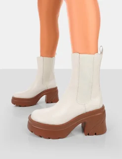 Public Desire Step Up Brown Pu Platform Chunky Sole Heeled Ankle Boots | Women Chunky Boots