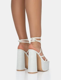 Public Desire Suki Linen Strappy Platform Square Toe Block Heels | Women Square Toe Heels