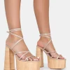 Public Desire Suki Pu Strappy Wood Effect Platform Square Toe Block Heels | Women Square Toe Heels