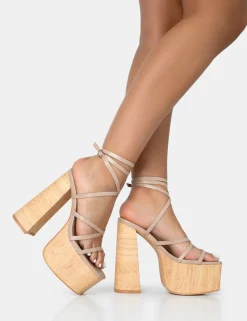Public Desire Suki Pu Strappy Wood Effect Platform Square Toe Block Heels | Women Square Toe Heels