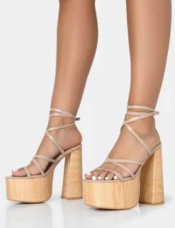 Public Desire Suki Pu Strappy Wood Effect Platform Square Toe Block Heels | Women Square Toe Heels