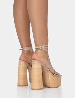 Public Desire Suki Pu Strappy Wood Effect Platform Square Toe Block Heels | Women Square Toe Heels