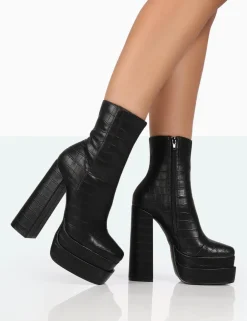 Public Desire Supine Patent Croc Chunky Heeled Platform Ankle Boots | Women Chunky Boots