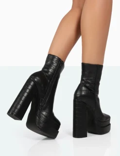 Public Desire Supine Patent Croc Chunky Heeled Platform Ankle Boots | Women Chunky Boots