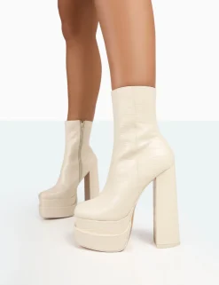 Public Desire Supine Patent Croc Chunky Heeled Platform Ankle Boots | Women Chunky Boots
