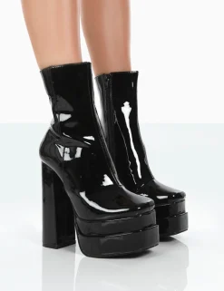 Public Desire Supine Wide Fit Black Patent Chunky Platform High Heeled Ankle Boots Block | Women Wide Fit Ankle Boots