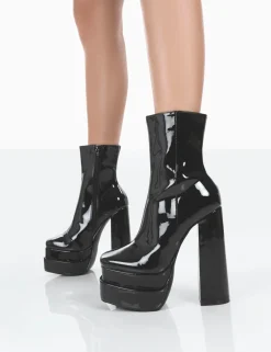 Public Desire Supine Wide Fit Black Patent Chunky Platform High Heeled Ankle Boots Block | Women Wide Fit Ankle Boots