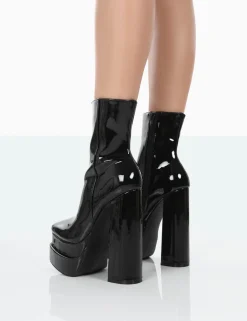 Public Desire Supine Wide Fit Black Patent Chunky Platform High Heeled Ankle Boots Block | Women Wide Fit Ankle Boots
