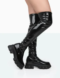 Public Desire Take Chances Patent Chunky Sole Knee High Boots | Women Knee High Boots