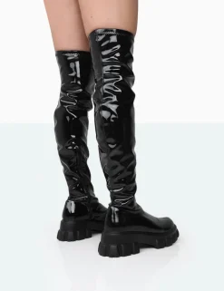 Public Desire Take Chances Patent Chunky Sole Knee High Boots | Women Knee High Boots