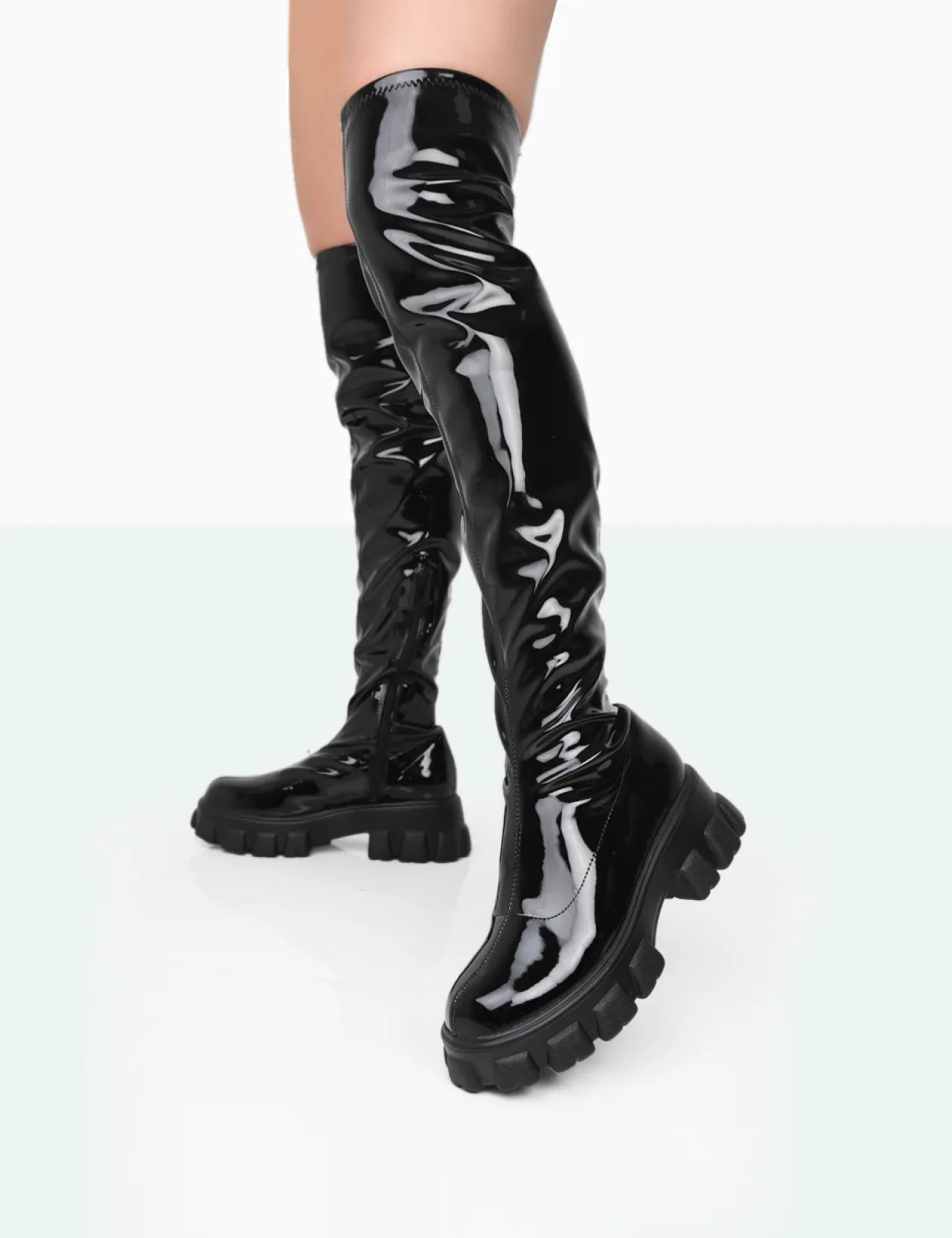 Public Desire Take Chances Patent Chunky Sole Knee High Boots | Women Knee High Boots