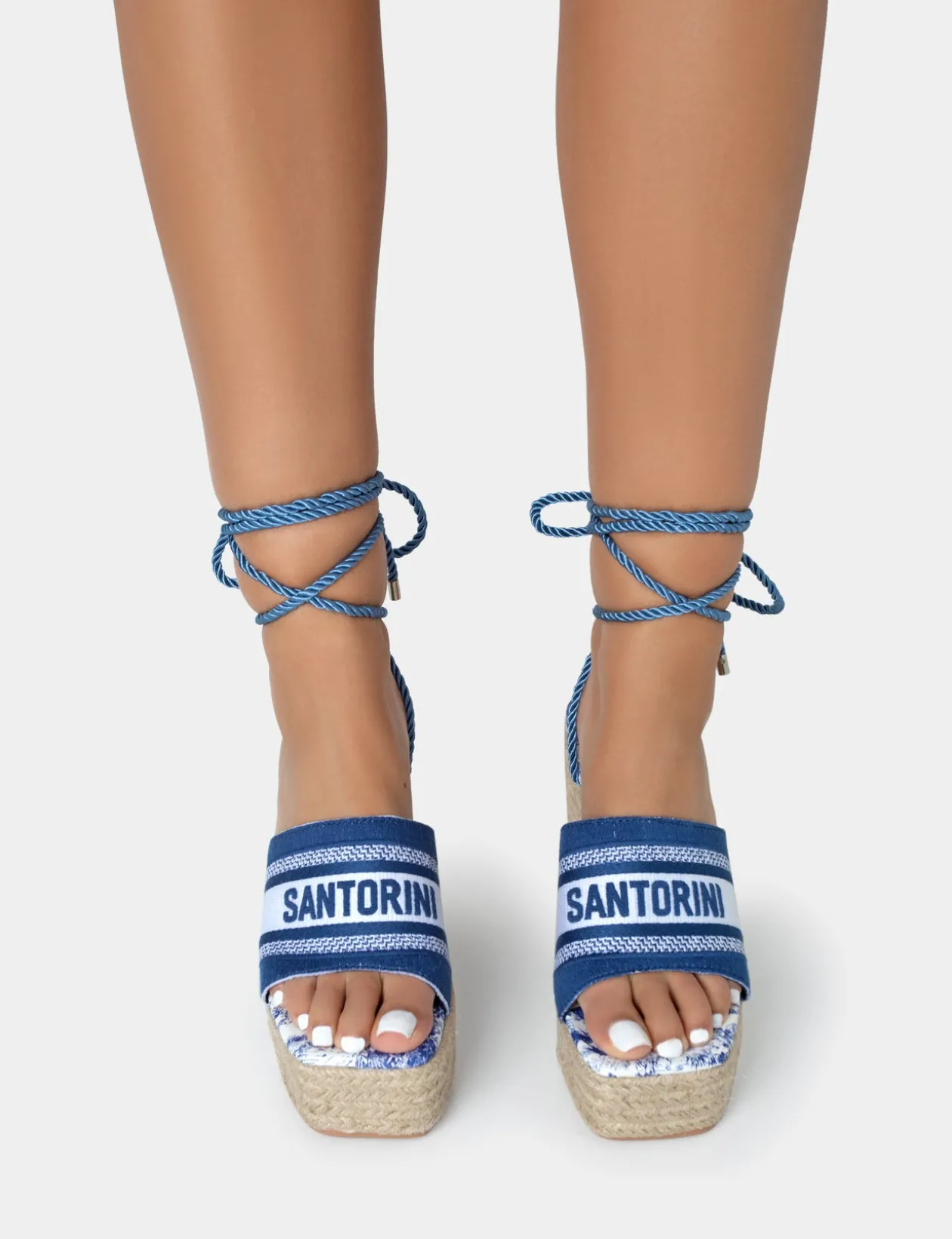 Public Desire Take Off Embroidered Santorini Lace Up Raffia Square Toe Wedge Heels | Women Wedges