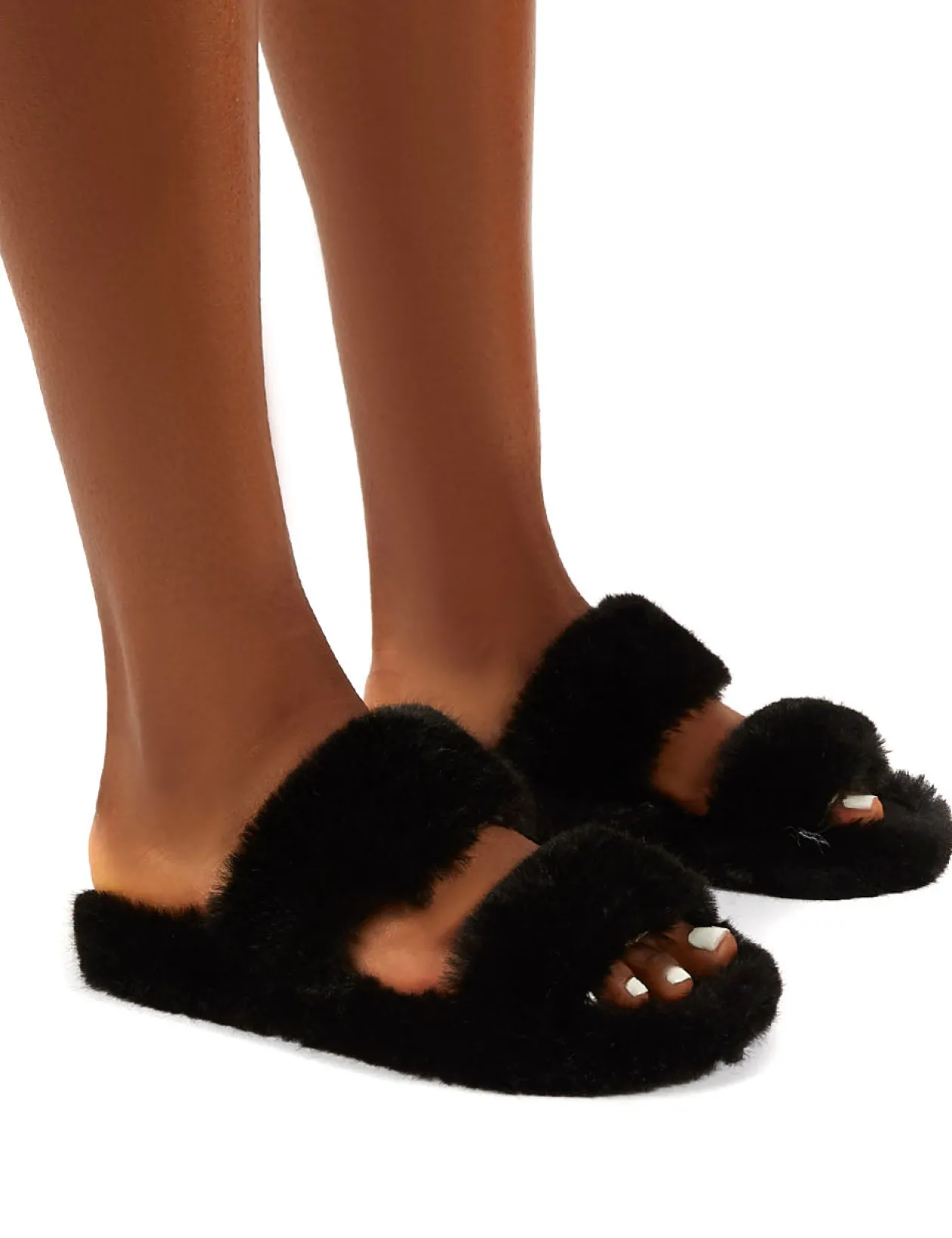 Public Desire Teddi Fluffy Double Strap Slider Faux Fur Slipper | Women Slippers