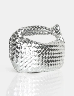 Public Desire The Blame Metallic Mirror Woven Pu Knot Detail Mini Grab Bag | Women Evening Bags