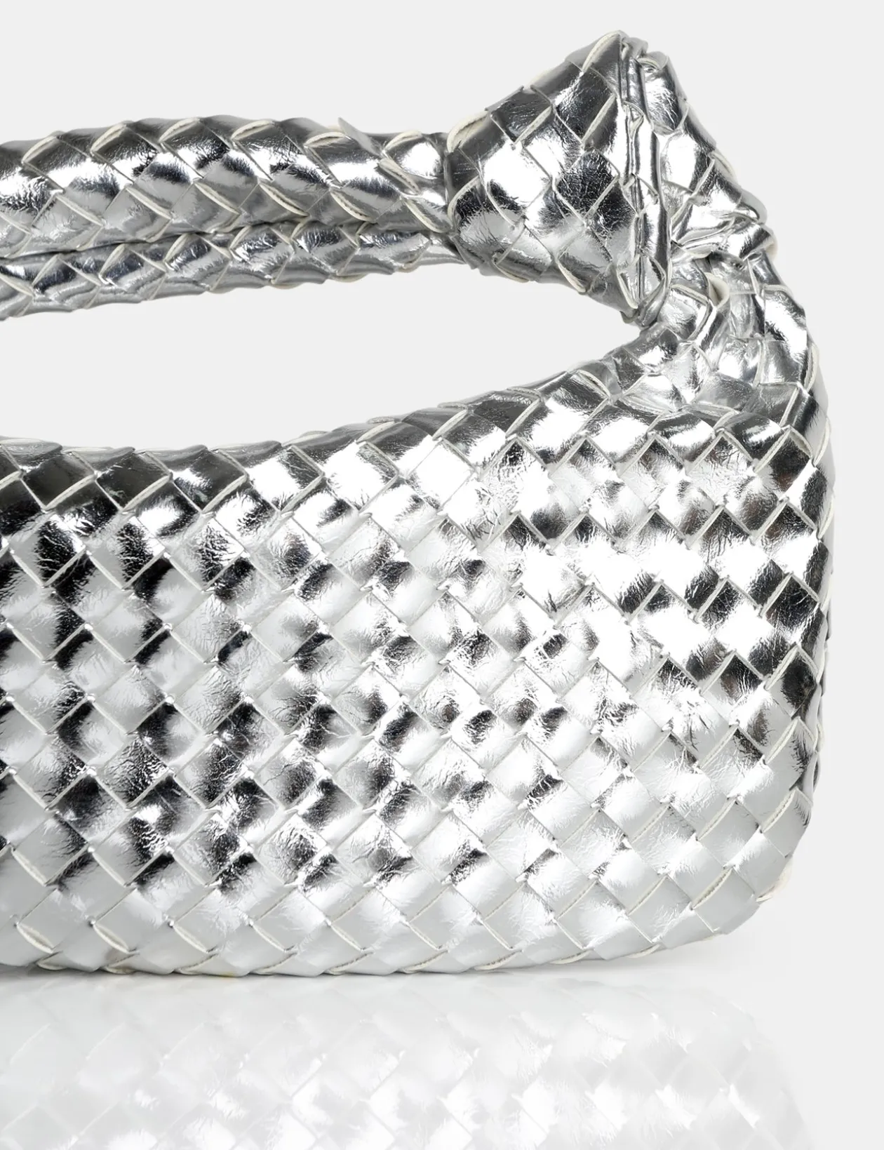 Public Desire The Blame Metallic Mirror Woven Pu Knot Detail Mini Grab Bag | Women Evening Bags