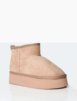 Public Desire Theo Beige Faux Suede Ultra Mini Ankle Platform Boots | Women Ultra Mini Boots