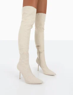 Public Desire Tianna Natural Linen Pointed Toe Over The Knee Stiletto Boots | Women Over The Knee Boots