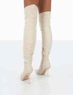 Public Desire Tianna Natural Linen Pointed Toe Over The Knee Stiletto Boots | Women Over The Knee Boots