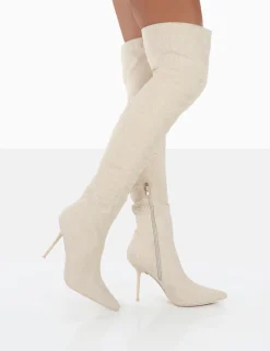 Public Desire Tianna Natural Linen Pointed Toe Over The Knee Stiletto Boots | Women Over The Knee Boots
