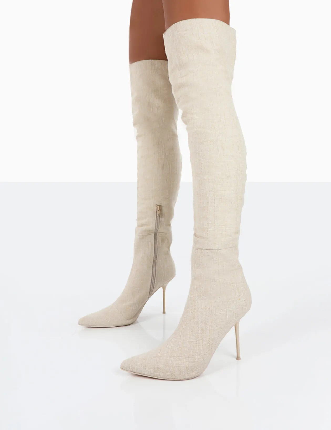Public Desire Tianna Natural Linen Pointed Toe Over The Knee Stiletto Boots | Women Over The Knee Boots