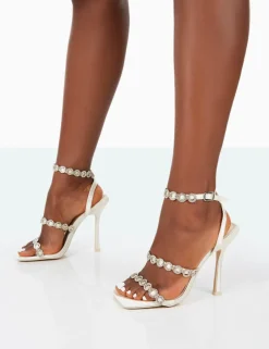 Public Desire Tilly Off Satin Sparkly Diamante Strappy Square Toe Heels | Women Stilettos